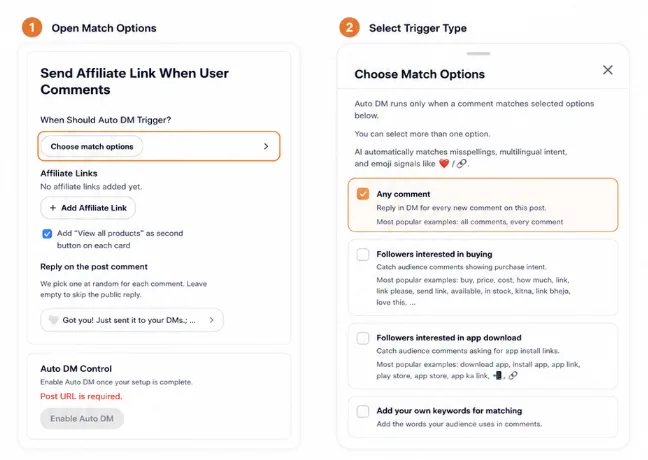 Open Choose match options and select a trigger type such as Any comment or Followers interested in buying