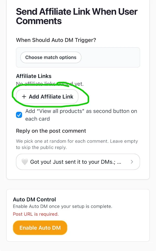 Send Affiliate Link When User Comments section with Add Affiliate Link button highlighted