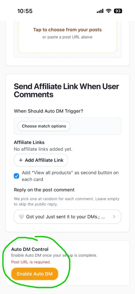 Auto DM Control section with Enable Auto DM button highlighted