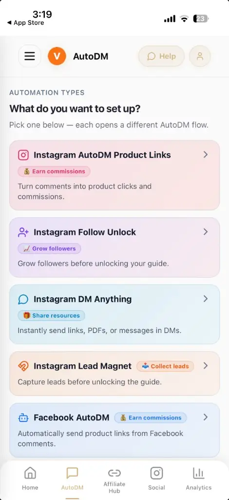 Vyral AutoDM hub showing automation types including Instagram AutoDM Product Links