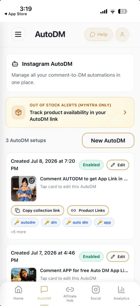 Vyral AutoDM setups list with New AutoDM button and enabled automations
