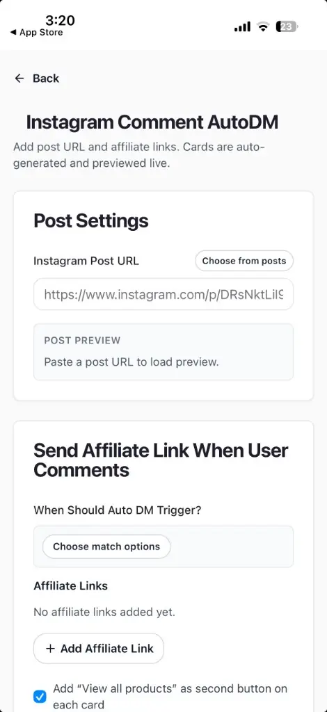 Instagram Comment AutoDM setup screen with Post Settings and Add Affiliate Link