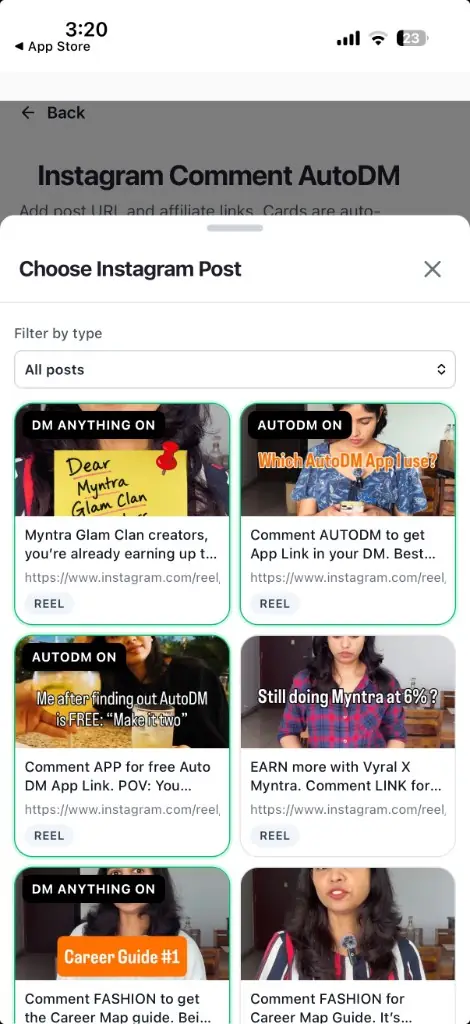 Choose Instagram Post picker showing Reels with AutoDM status badges
