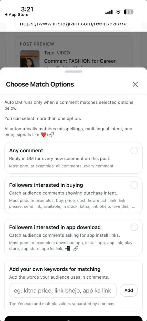 Choose Match Options modal with buying intent, app download, any comment, and custom keywords