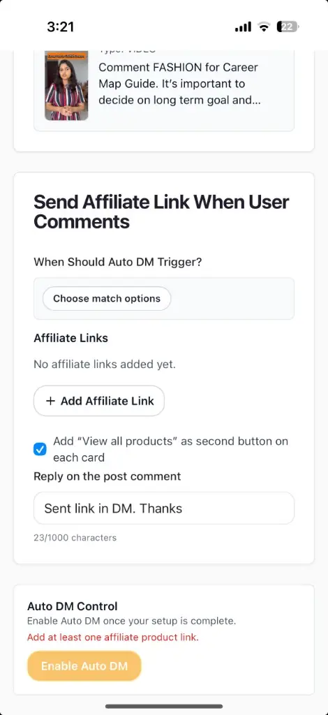 Send Affiliate Link When User Comments section with Add Affiliate Link button