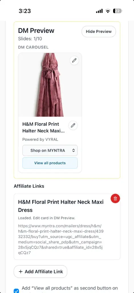 DM Preview showing H&M dress product card with Shop on MYNTRA and View all products buttons