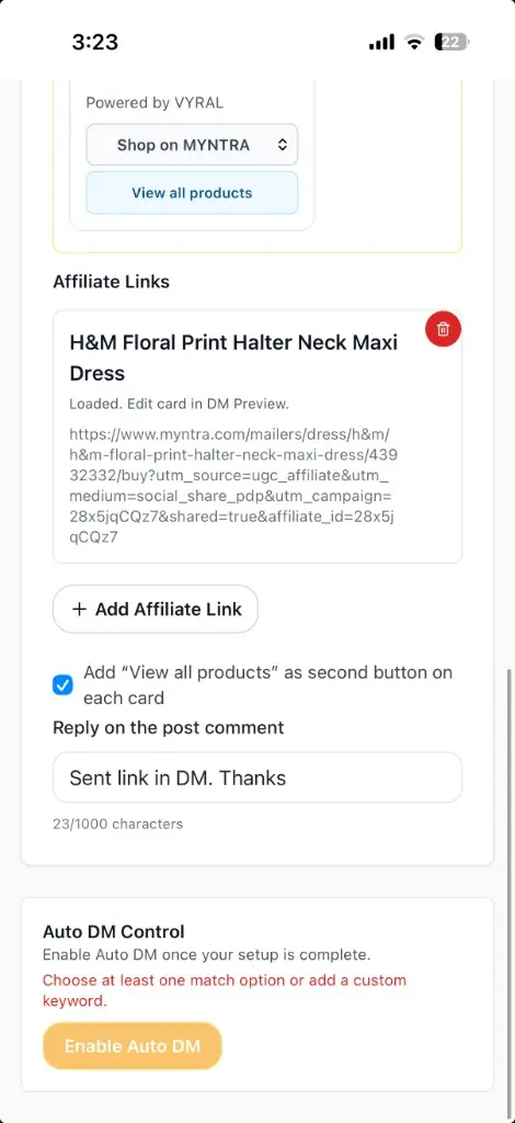 Loaded Myntra affiliate link with public reply and Enable Auto DM control