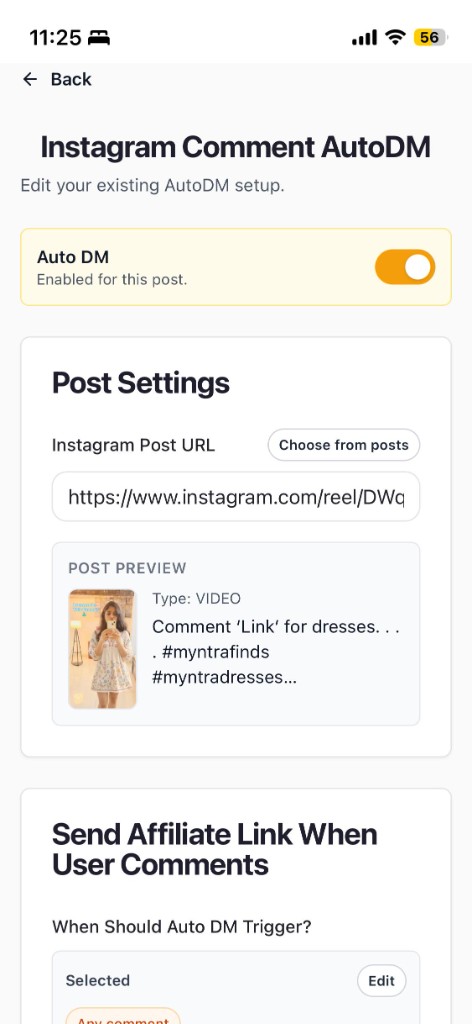 Vyral Instagram Comment AutoDM sends your affiliate link